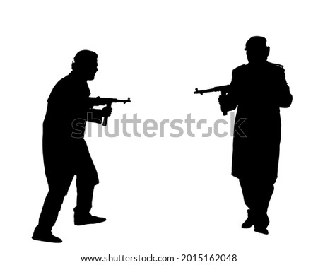Second world war army soldier opponents with rifle in battle vector silhouette. soldier with rifle aim shooting at the enemy during combat. Scary war situation, brave man defends his country.