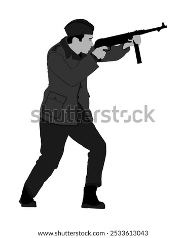 Second world war army soldier with rifle shooting on enemy vector illustration isolated. WW2 soldier with rifle aim shoot at enemy man target. Brave hero in battle. Battlefield skills tactical strike.