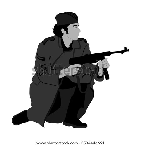 Second world war army soldier with rifle shooting on enemy vector illustration isolated. WW2 soldier with rifle aim shoot at enemy man target. Brave hero in battle. Battlefield skills tactical strike.