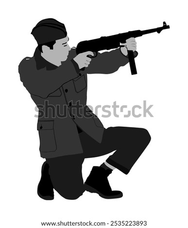 Second world war army soldier with rifle shooting on enemy vector illustration isolated. WW2 soldier with rifle aim shoot at enemy man target. Brave hero in battle. Battlefield skills tactical strike.
