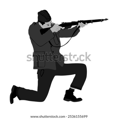 Second world war army soldier with rifle shooting on enemy vector illustration isolated. WW2 soldier with rifle aim shoot at enemy man target. Brave hero in battle. Battlefield skills tactical strike.