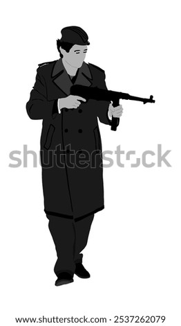 Second world war army soldier with rifle shooting on enemy vector illustration isolated. WW2 soldier with rifle aim shoot at enemy man target. Brave hero in battle. Battlefield skills tactical strike.