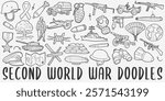 Second World War Doodle Icons. Hand Made Line Art. WW2 Clipart Logotype Symbol Design.