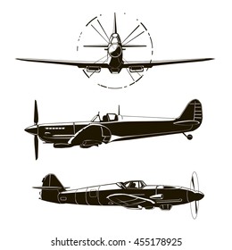 Second World War fighter, navy airplane, vector illustration, Britain, Germany, front and side view, isolated, monogram, silhouette, black graphic drawing