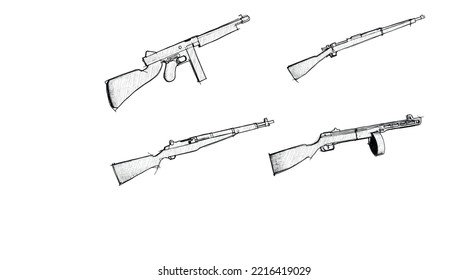 Second World War Riffle Collection. Sketch Style Vector Illustration