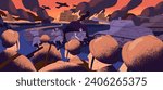 The Second World War. Smoke sky above battlefield, city ruins in fire. Military machines: aviation, tank, panzer. Brave soldiers in armor shooting from cover, attack at night. Flat vector illustration