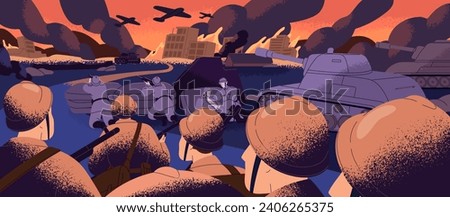 The Second World War. Smoke sky above battlefield, city ruins in fire. Military machines: aviation, tank, panzer. Brave soldiers in armor shooting from cover, attack at night. Flat vector illustration