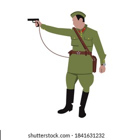 La segunda guerra mundial, oficial ruso soviético de la Unión Soviética. EJÉRCITO ROJO. Vector de dibujo. Un hombre con uniforme de verano, modelo 1941-1943. De pie a plena altura. Shoots apunta a una pistola de TT. En el cinturón está