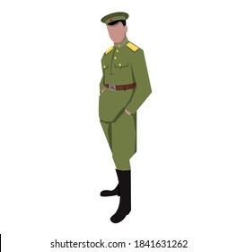 La segunda guerra mundial, oficial ruso soviético de la Unión Soviética. EJÉRCITO ROJO. Vector de dibujo. Un hombre con uniforme de verano, modelo 1943-1945. De pie a plena altura. Mano en el bolsillo.