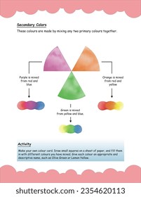 Secondary colors, Mixing primary colors to make secondary colors. Color mixing worksheet for kids.