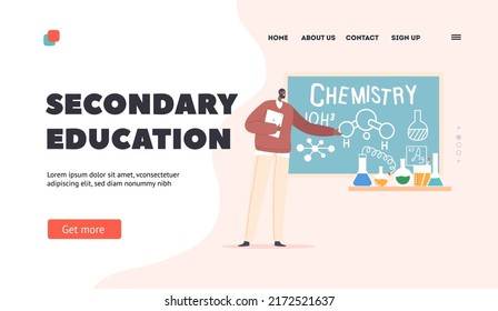 Secondary Education Landing Page Template. Teacher with Tablet Stand at Blackboard Explain Chemistry Lesson. African Tutor Character Teach Students in School Class. Cartoon People Vector Illustration