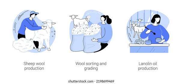 Secondary products production isolated cartoon vector illustrations set. Farmer making sheep wool at farm, sorting and grading, splitting-up of fleeces, lanolin oil creation vector cartoon.