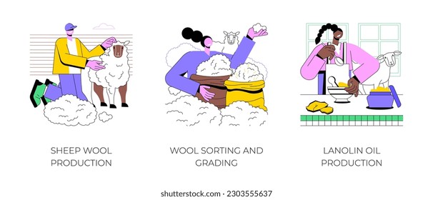 Secondary products production isolated cartoon vector illustrations set. Farmer making sheep wool at farm, sorting and grading, splitting-up of fleeces, lanolin oil creation vector cartoon.