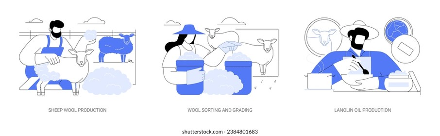 Secondary products production isolated cartoon vector illustrations set. Farmer making sheep wool at farm, sorting and grading, splitting-up of fleeces, lanolin oil creation vector cartoon.