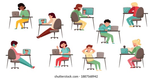 Secondary School Student Sitting at Desk in Front of Laptop Vector Set