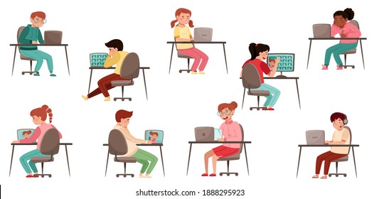 Secondary School Student Sitting at Desk in Front of Laptop Vector Set