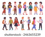 Secondary school students. Happy kids going to school, male and female school pupils with backpacks flat vector illustration set. Middle school students