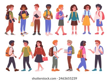 Secondary school students. Happy kids going to school, male and female school pupils with backpacks flat vector illustration set. Middle school students