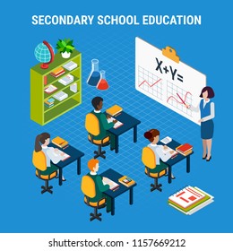 Secondary school students and teacher in classroom education isometric concept 3d vector illustration