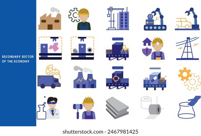 Secondary sector of the economy , Intermediate production, textile, automobile, and handicrafts, ,Set of icons for business ,symbol collection.,Vector illustration.