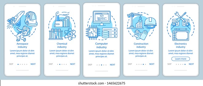 Secondary Sector Of Economy Onboarding Mobile App Page Screen With Linear Concepts. Advanced Industry. Five Walkthrough Steps Graphic Instructions. UX, UI, GUI Vector Template With Illustrations