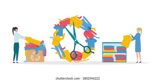 Uso secundario de ropa. Ilustración vectorial con gente que remonta prendas viejas sobre fondo blanco, panorama