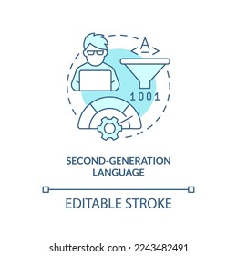 Second-generation programming language turquoise concept icon. Assembly coding style abstract idea thin line illustration. Isolated outline drawing. Editable stroke. Arial, Myriad Pro-Bold fonts used