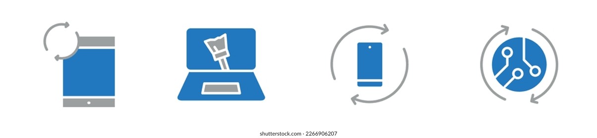 Second-hand device store logo design set, electronics repair service modern logotype symbol, phone cleaning business emblem concept, reusable devices illustration, used laptop branding, brand identity