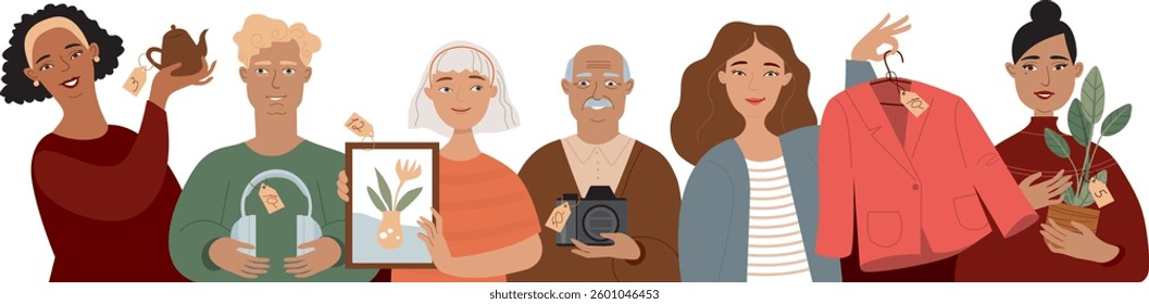 Second-Hand Marketplace – Diverse People Selling and Buying Used Items, Promoting Sustainable and Eco-Friendly Shopping