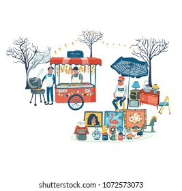 Secondhand shop and food stall at flea market or market fair, all in colorful doodle cartoon flat design, illustration, vector, on white background