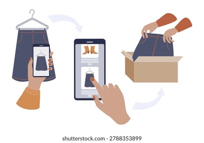 Secondhand shopping on internet, online marketplace concept illustration.
