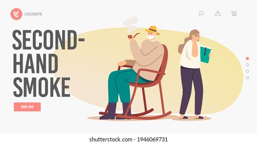 Second-Hand Smoke Landing Page Template. Senior Male Character Sitting in Rolling Armchair Enjoy Tobacco Ignoring Granddaughter. Girl Coughing Grandfather Smoking. Cartoon People Vector Illustration