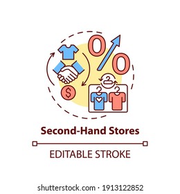 Second-hand stores concept icon. Thrift stores idea thin line illustration. Saving on buying clothing. Garage sale. Selling secondhand goods. Vector isolated outline RGB color drawing. Editable stroke