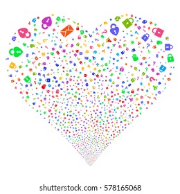 Secrecy Symbols fireworks with heart shape. Vector illustration style is flat bright multicolored iconic symbols on a white background. Object stream organized from random icons.