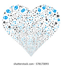 Secrecy Symbols fireworks with heart shape. Vector illustration style is flat blue and gray iconic symbols on a white background. Object heart constructed from random pictographs.