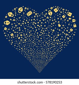 Secrecy Symbols fireworks with heart shape. Vector illustration style is flat yellow iconic symbols on a blue background. Object love heart done from confetti icons.