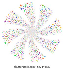 Secrecy Symbols fireworks swirl rotation. Vector illustration style is flat bright multicolored iconic symbols on a white background. Object flower constructed from random pictographs.