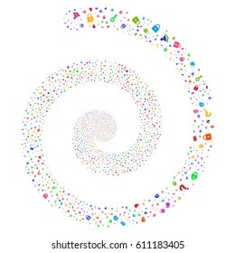 Secrecy Symbols hypnotic swirl spiral. Vector bright multicolored scattered pictograms.