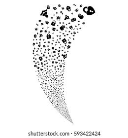 Secrecy Symbols random fireworks stream. Vector illustration style is flat black iconic symbols on a white background. Object fountain combined from scattered pictographs.
