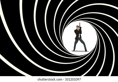 Secret Agent. 007 Posing On Camera. Vector Illustration