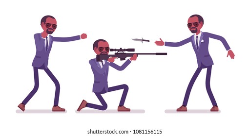 Secret agent black man, gentleman spy of intelligence service, uncovers data, collect political, business information, commit corporate espionage, with riffle. Vector flat style cartoon illustration