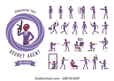 Secret Agent Black Man, Gentleman Spy Of Intelligence Service Ready-to-use Character Set. Collects Information On Corporate Espionage. Full Length, Different Views, Gestures, Emotions, Front And Rear