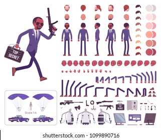 Secret Agent Black Man, Gentleman Spy Of Intelligence Service Character Creation Set. Full Length, Different Views, Emotions, Gestures. Build Own Design. Cartoon Flat-style Infographic Illustration