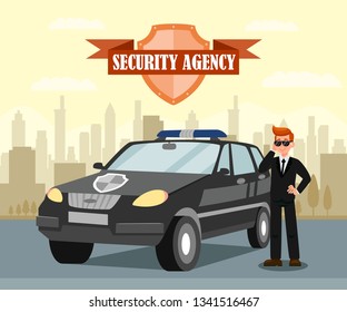 Secret Agent and Car Flat Vector Illustration. Security Officer with Headphones Cartoon Character. Security Agency Isolated Emblem with Lettering. Protection Services Poster, Banner