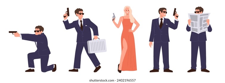 Secret agent characters set with elegant man and woman holding handgun standing in different pose