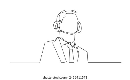 secret agent continuous line.one line drawing of secret agent,listening to conversation with headset.vector single line