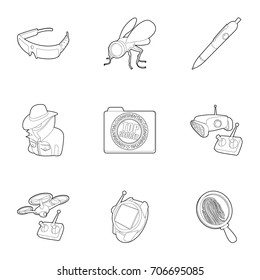 Secret agent equipment icons set. Outline set of 9 secret agent equipment vector icons for web isolated on white background