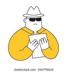 Secret agent in hat searching clues and spying investigating case. Private investigation, detective, tracking, private investigator services. Thin line vector illustration on white.