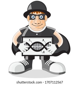 The secret agent is holding a DNA molecule in his hands. Isolated on white background. Vector illustration.
