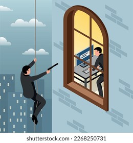 Concepto isométrico agente secreto con ilustración vectorial de la pared de la casa de escalada de espías